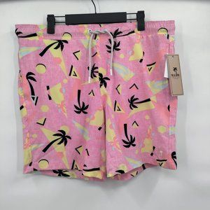 MALIBU Men's Beach Club Pink Shorts Black Palm Trees Large